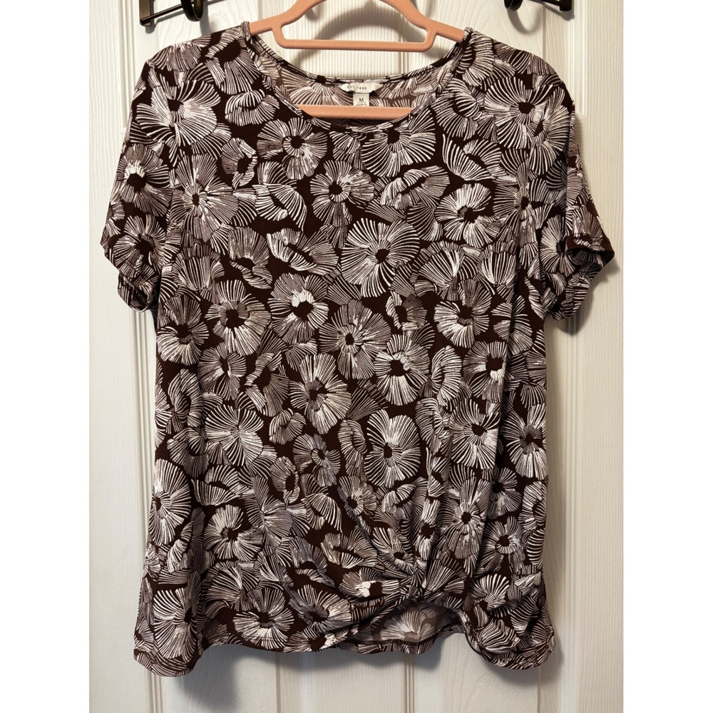 EST 1946 Womens Brown White Floral Twist Front Short Sleeve Knit Top M RN37080